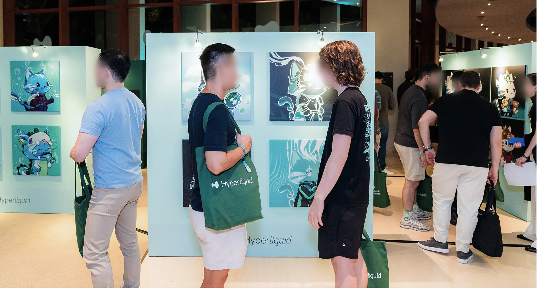 Attendees viewing Hyperliquid artwork at an exhibition booth