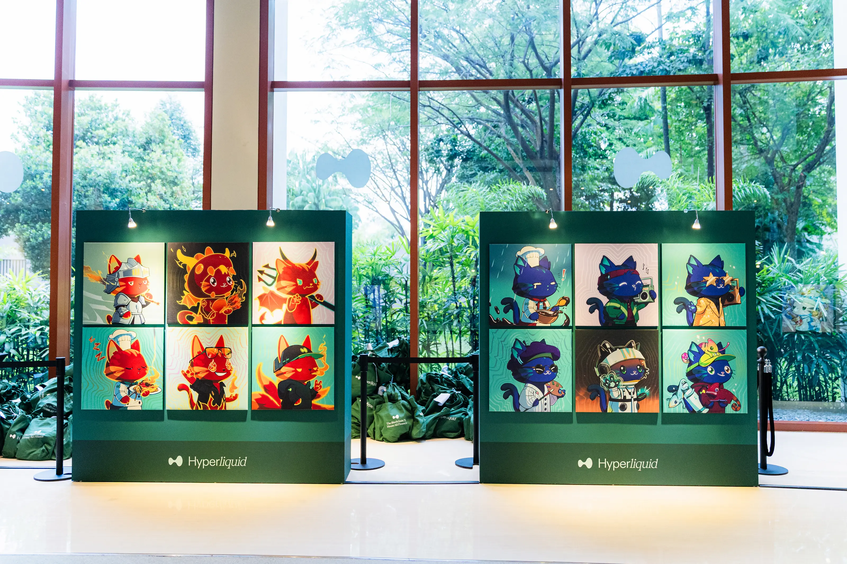 Hyperliquid artwork display in front of large windows and greenery
